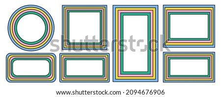 set of rainbow frames in 1970s hippie style. patterns retro vintage 70s groove. collection of round frame, star, rhombus and square. vector illustration design isolated