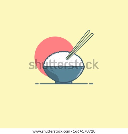 Bowl With Rice And Chopsticks Flat Illustration Icon On Yellow Background