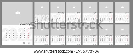 Wall Monthly Photo Calendar 2022. Simple monthly vertical photo calendar Layout for 2022 year in English. Cover Calendar, 12 monthes templates. Week starts from Monday. Vector illustration