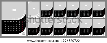 Wall Monthly Photo Calendar 2022. Simple monthly vertical photo calendar Layout for 2022 year in English. Cover Calendar, 12 monthes templates. Week starts from Monday. Vector illustration