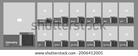 Monthly Photo Calendar 2022. Simple wall monthly vertical photo calendar 2022 year in English. Cover Calendar, 12 months templates. Week starts from Monday. Vector illustration