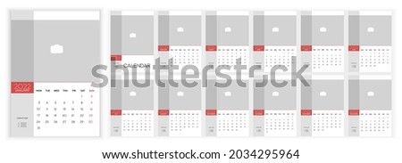 Wall Monthly Photo Calendar 2022. Simple monthly vertical photo calendar Layout for 2022 year in English. Cover Calendar, 12 months templates. Week starts from Monday. Vector illustration