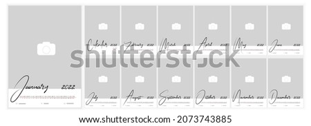 Wall Monthly Photo Calendar 2022. Simple monthly vertical photo calendar Design for 2022 year in English. Cover Calendar and 12 months templates. Monday - Sunday week start. Vector illustration