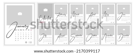 Wall Monthly Photo Calendar 2023. Simple monthly vertical photo calendar Layout for 2023 year in English. Cover Calendar, 12 months templates. Week starts from Monday. Vector illustration