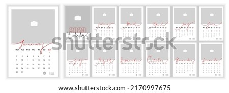 Wall Monthly Photo Calendar 2023. Simple monthly vertical photo calendar Layout 2023 year in English. Cover, 12 months templates. Week starts from Monday. Vector illustration