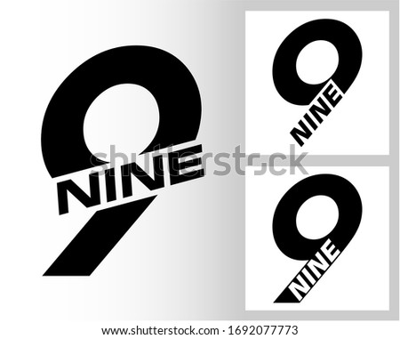 Nine; numeral and word logo for number. Nine letter with nine figure logo design. Number names typography.  Text logo studies for all numbers.