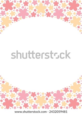 Vector illustration of Oval frame whose top and bottom are filled with cherry blossom silhouettes (pink, yellow, red)