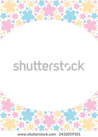 Vector illustration of Oval frame whose top and bottom are filled with cherry blossom silhouettes (pink, yellow, blue)