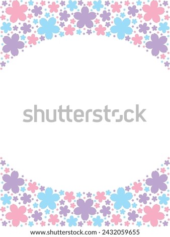 Vector illustration of Oval frame whose top and bottom are filled with cherry blossom silhouettes (pink, blue, purple)