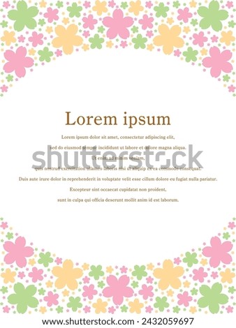 Vector illustration of Oval frame whose top and bottom are filled with cherry blossom silhouettes (pink, yellow, green)