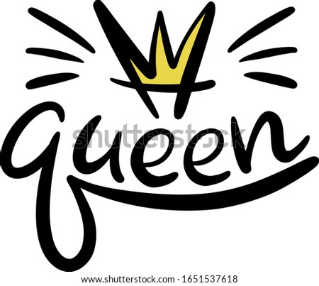 minimalistic cute lettering Queen with yellow crown and extra spray and brush, lettering style, handwritten, girl, baby shower, children, logo for poster, clothing, for children vector calligraphy