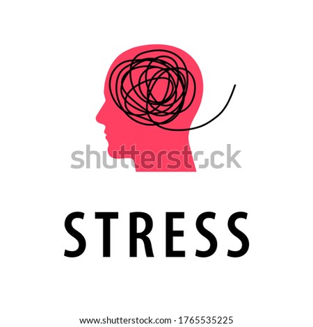 Icon, logo of psychotherapy, stress, depression, psychosis. A man's head in profile with a tangled ball of nerves, scribbles symbolizing a depressed state of a person. Psychological help. Vector.