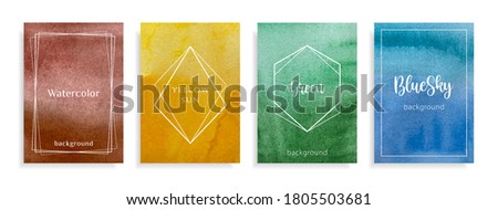 Abstract watercolor blue, braun, yellow, green background with transitions color sun, grass, leafs, sea, sky, earth and soil. Design template for banner with text in frame. Grunge vector illustration