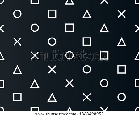 Abstract seamless pattern symbols of the game joystick cross triangle square circle design game console. Design template background geometric symbols play station icons. Vector illustration.
