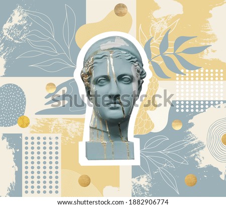 Abstract digital collage poster blue head diana hunter with gold-decorated plaster and isolatet floral and doodle circle elements background.Creative design template for banner,cover social media post