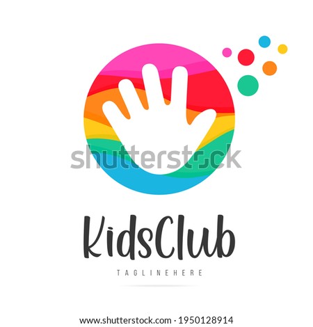 Abstract amusing bright circle with  palm arm kids club logo,childhood paint sign,kids zone icon,playground symbol.Design templates kid shop,toy store,kindergarten.Vector illustration hand drawn