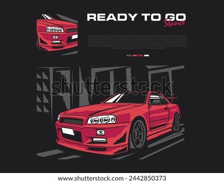 90s car design in red color accent along with background and text vector illustration idea