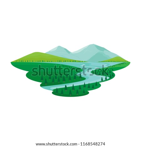 Lake and River Pine Forest Mountain View Landscape Vector