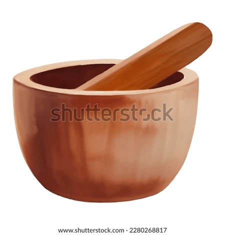 Wooden Mortar and Pestle Isolated Hand Drawn Painting Illustration