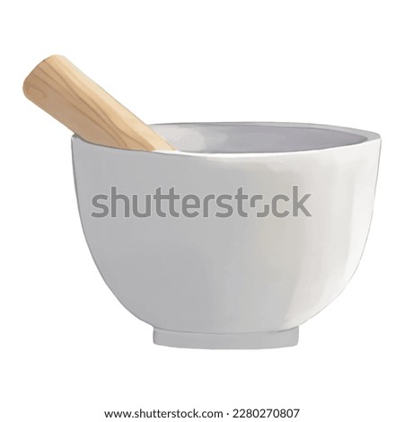 White Ceramic Mortar and Wooden Pestle Isolated Hand Drawn Painting Illustration