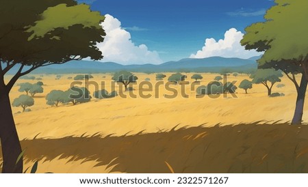 Beautiful Vast African Savanna Grassland Hand Drawn Painting Illustration