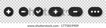 Buttons. Plus minus check mark with dotted, isolated. Signs collection in circle and oval with shadow in flat design. Vector illustration