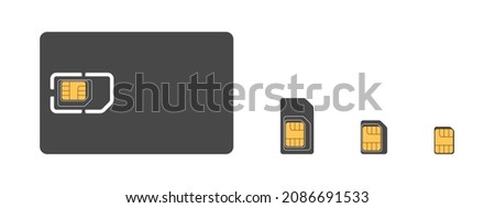 SIM cards. SIM card icons for mobile. Types of SIM cards, mini, micro, nano. Vector illustration