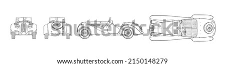 Sketch retro car. Hand drawn car front back top and side view. Vector image