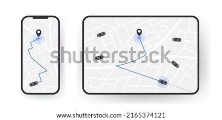The route of the car on the device map. Traveling by car. Distance tracking. Vector illustration