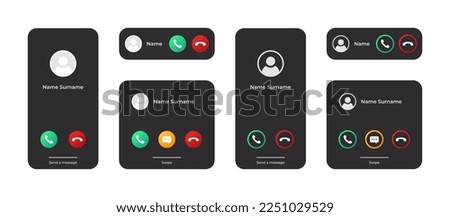 Interface incoming call. Mobile phone call screen. Communication signs. Vector images