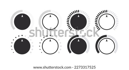 Control knob. Volume level handle, rotary dials with round scale and round controller. Vector illustration
