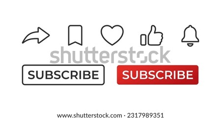 Subscribe red button, notification bell, share icon, heart and like. Linear icons. Vector scalable graphics