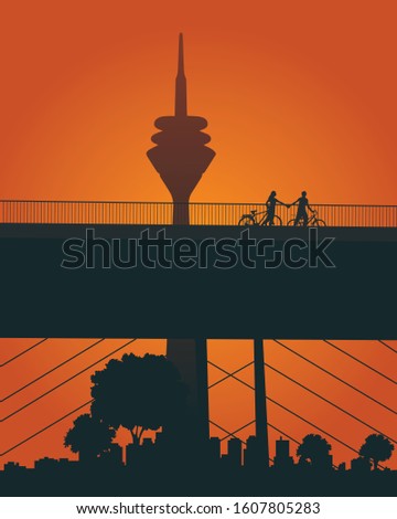 Couple is riding bikes, at sunset, in Dusseldorf. (Vector Drawing)
