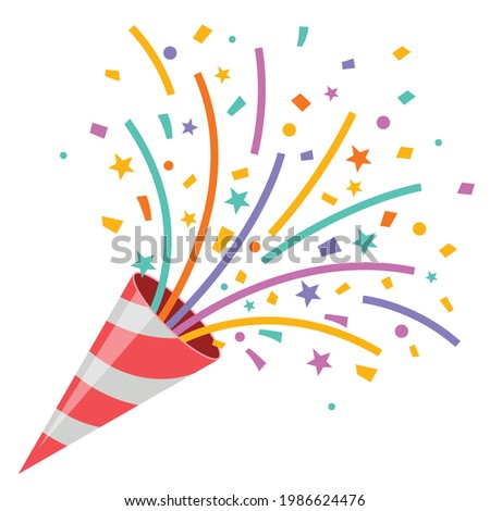 Exploding party popper on white background,  graphic on white background.
