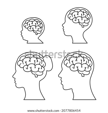 Set of icons, brain in human head, simple design. men, women, children and babies