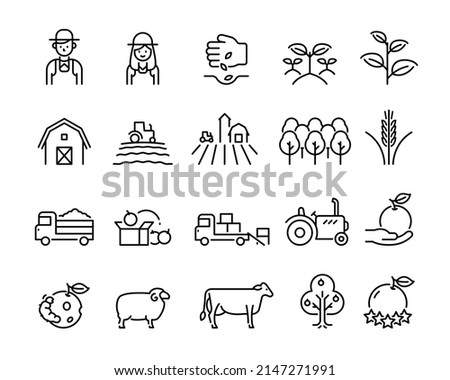 Set icons for farming, growing crops, raising animals, simple design symbols.