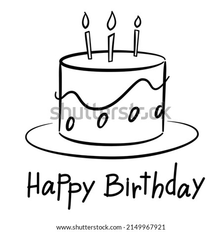 Draw freehand style birthday cake, black graphics on white background.