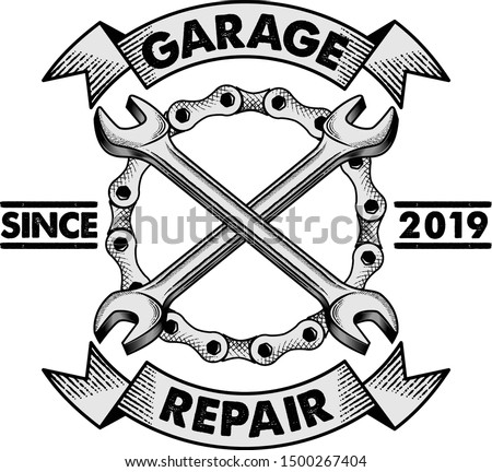 Garage LOGO template, Hand drawn Bike Chain & Wrench vintage illustration. Design element for garage, automotive, emblem, budge, sign etc.. Photo stock © 