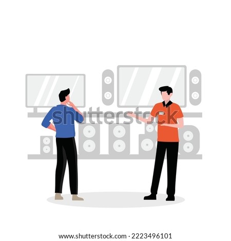 Seller consultant in the consumer electronics store shows a new TV to young man. Buyers purchase equipment electronic. Vector illustration in flat style