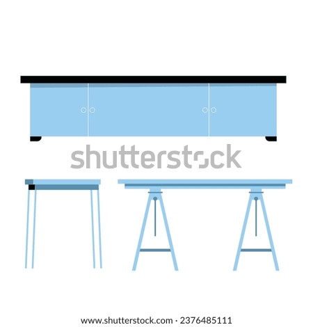 set of tables. laboratory table furniture. Desk with platform and legs. office table, Isolated objects for showroom. Vector furnishing elements set