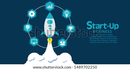 Rocket flying with icons of strategy, marketing, money and investment. Concept of business successful