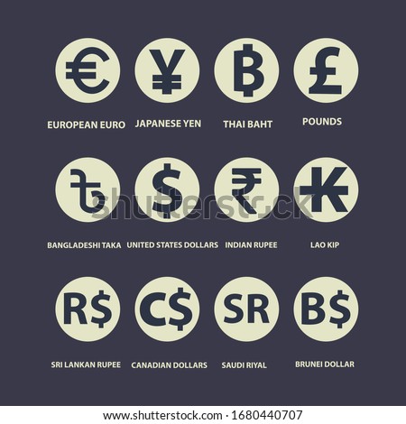 World currency symbol and coins set