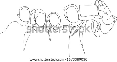 Continuous one line drawing of group people selfie. Man and women taking a picture with smartphone to capture moment vector minimalism simplicity design. Group photo one line vector drawing.