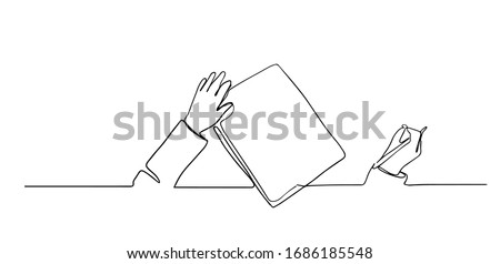 One continuous line drawing of hand writing gesture on a piece of paper Write concept single line draw design illustration. hands from first view writing with a pen