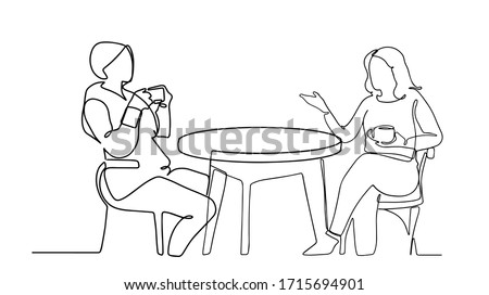 continuous line drawing of a women dining in a restaurant. Two beatiful women chatting and drinking coffee at a restourant. Two lady having a conversation one line drawing ストックフォト © 