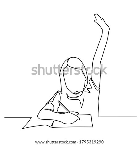 Continuous one line drawing. Happy girl sitting in a classroom raises her hand. Vector illustration. back to school concept. School girl raising hand and writing at a desk. first day at school. 