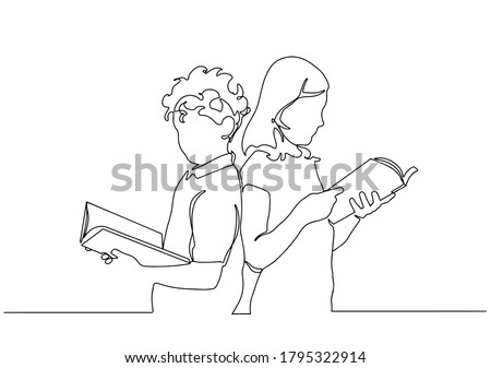 Children read book continuous one line drawing. Continuous single drawn one line boy and girl reading book drawn by hand picture silhouette. Line art. Back to school concept.