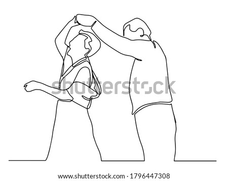 Elderly couple in continuous line art drawing style. Romantic elderly couple dancing. Old grandfather and grandmother. Continuous one line drawing. Happy grandparents isolated on white background.