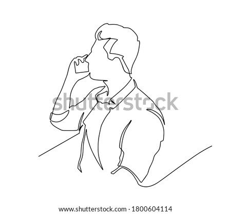 continuous line drawing of standing man emotionally speaking on cell phone. Businessman speaking on his phone. One continuous line drawing of young male business owner get a phone call.