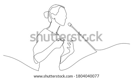 Continuous line drawing business presentation woman trainer talking one single line drawn character politics speaker, business coach speaking before audience Political meeting speech.